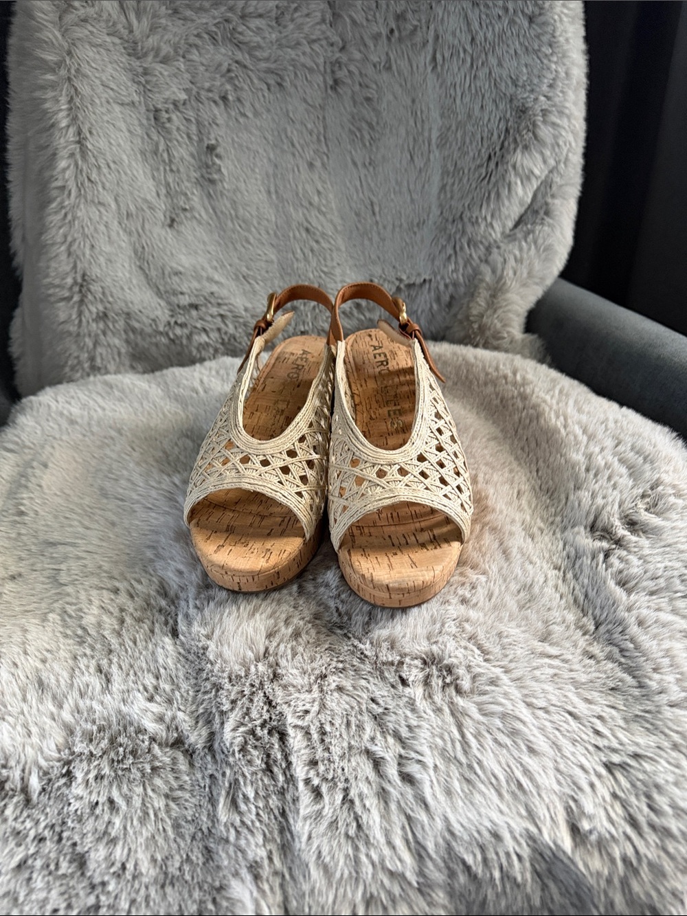 AEROSOLES Cream Woven Cork Slingback Wedges with Tan Strap